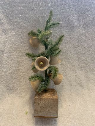 Antique Vintage 9.  75” Mini Bottle Brush Feather Tree W Bells Christmas Ornament