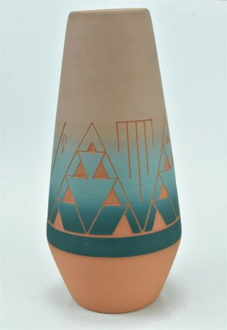 Vintage Native American 9.  25 " Pottery Vase Signed With Turquoise Design Nm 08128