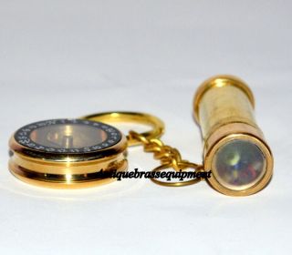 Antique Vintage Maritime 2 " Brass Key Chain Kaleidoscope With 1 " Locket Compass