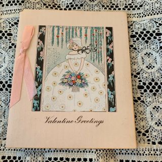 Vintage Greeting Card Valentine Victorian Woman Flower Basket Pretty