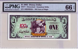 2002 A $1 Disney Dollars Pmg Graded 66 Epq Dis77 Steamboat Willie Disneyland 100