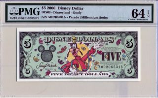 2000 A $5 Disney Dollars Pmg Graded 64 Epq Dis66 Goofy Party Rare
