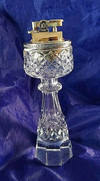 Vintage Mid - Century Faceted Glass Crystal Table Top Cigarette Lighter Brass Top