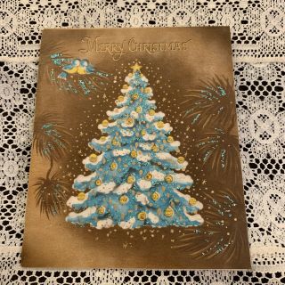Vintage Greeting Card Christmas Tree Birds Turquoise Glitter