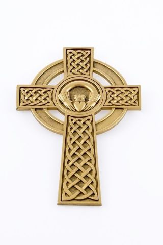 Pewter Claddagh Celtic Wall Cross With Antique Gold Tone Finish,  8 Inch
