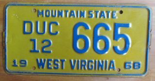 West Virginia 1968 Car Dealer License Plate Duc12 665