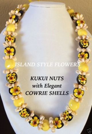 Hawaii Wedding Kukui Nut Lei W/ Cowrie Shell Graduation Luau Necklace - Yellow