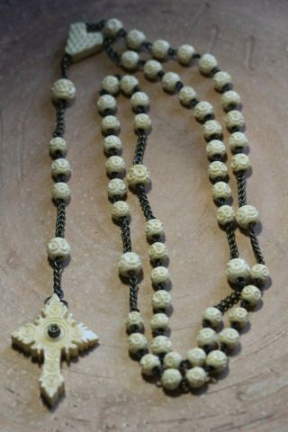 Antique Victorian Stanhope Carved Rosary Beads Christian Cross & Heart