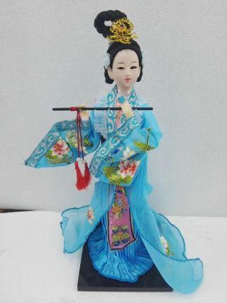 Oriental Broider Doll,  Chinese Old Style Figurine China Doll Girl Statue Blue
