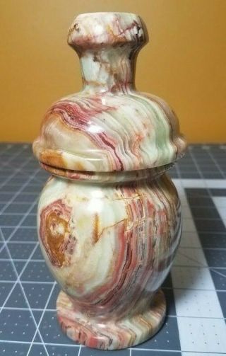 Rare Natural Stone Banded Red / Green Onyx Marble Jar W/ Lid 6 Inches