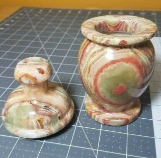 Rare Natural Stone Banded Red / Green Onyx Marble Jar w/ lid 6 inches 3