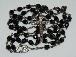 Vintage Old French Jet Black Crystal & Sterling Silver 25 " Rosary Necklace