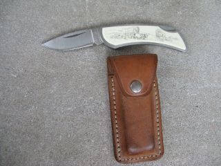 Zippo Pocket Knife W/ Covered Wagon Design W/leather Sheath