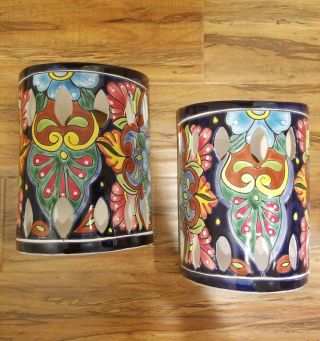 2 11 " Talavera Mexican Pottery Hand Painted Ceramic Wall Lantern Sconces