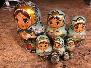 Russian 10 Pc Nesting Dolls Matryoshka 11 " Folk Art Signed 1996 Viking & Castle