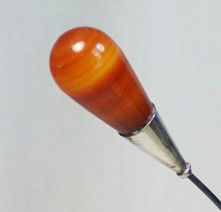 Vintage Banded Carnelian Agate And Silver 7 1/2 " Hatpin Hat Pin