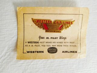 Vintage Indian Chief Logo Western Air Lines Jr Pilot Wings On Giveaway Card