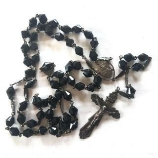 Vintage Sterling Silver Sacred Heart Rosary Black Beads