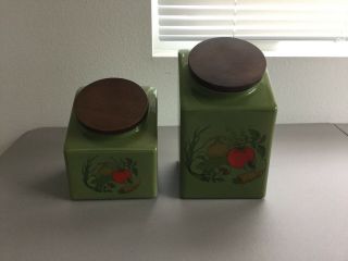 Vintage Mid Century Avocado Hyalyn Kitchen Canister Set Of 2 Veggies Wooden Tops