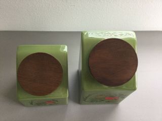 Vintage Mid Century AVOCADO Hyalyn Kitchen Canister Set Of 2 Veggies Wooden Tops 2