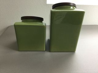 Vintage Mid Century AVOCADO Hyalyn Kitchen Canister Set Of 2 Veggies Wooden Tops 3