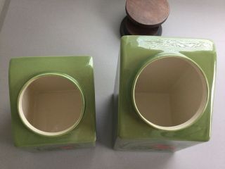 Vintage Mid Century AVOCADO Hyalyn Kitchen Canister Set Of 2 Veggies Wooden Tops 5