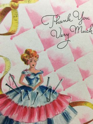 Vintage Sewing Theme Pincushion Doll Tape Measure Thank You Greeting Card