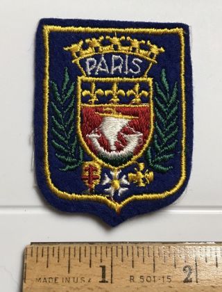 Paris France Wreath Shield Crest Coat Of Arms French Blue Felt Souvenir Patch
