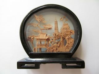 Vintage Hand Carved Cork Art Pagoda Scene 3d Diorama Asian Oriental Egret Wood