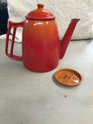 Vintage Descoware Enamel Cast Iron Flame Orange Coffee - Tea Pot Kettle Belguim