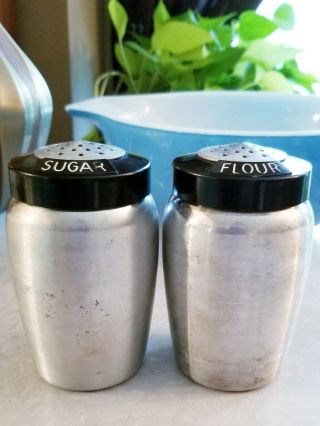 Vintage Kromex Spun Aluminum Sugar And Flour Shakers Black Top