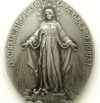 Large Antique Silver Miraculous Medal Pendant From Immaculate Virgin Mary