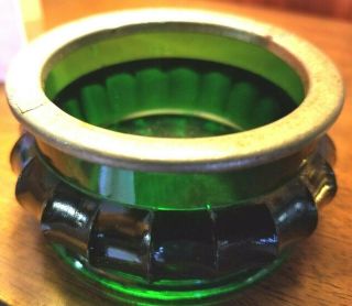 Vintage Victorian Green Glass Ash Tray Metal Top Trim Very Cool 3 " Diameter