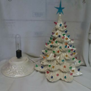 Vintage 18 " H X 13 " W White Ceramic Lighted Christmas Tree With Base