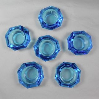 Set Of 6 Sky Blue Faceted Diamond Octagonal Glass Open Salts Cellars Dips Bevels
