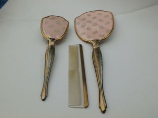 Vintage 3 - Piece Vanity Dresser Set Brush Mirror & Comb Pink With Gold Flowers