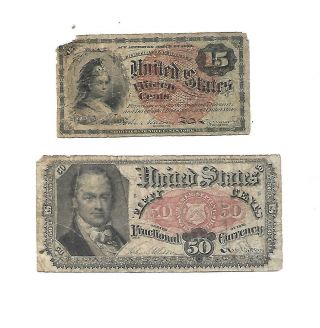 Set Of 2 U.  S.  Fractional Notes: 15 Cents,  50 Cents Notes 1860/70s Vg,