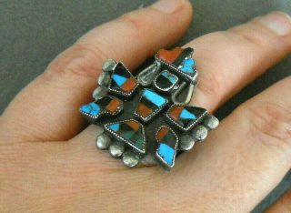 Old Native American Zuni Multi - Stone Inlay Sterling Silver Knifewing Ring Size 7