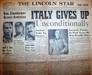 1943 Ww Ii Headline Display Newspaper Unconditional Surrender Of Italy To Allies