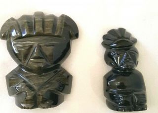 2 Black Gold Sheen Obsidian Carved Aztec Mayan Tiki Idol Figures Appx 4.  25 " 03b
