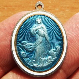 Rare 1923 Enamel Silver Medal Old Immaculate Conception Spanish Charm Pendant