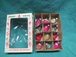 Vtg Box Of 12 Shiny Brite Glass Christmas Tree Ornaments Grape Clusters & Bells