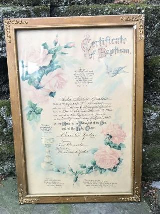Antique Certificate Of Baptism 1922 Framed 14 " X18 "