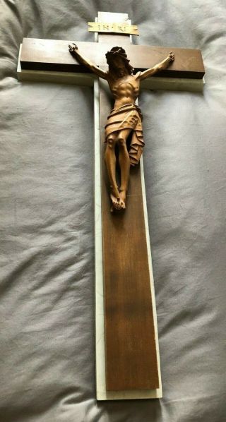 Glorious Rare Large Antique Carmelite Nuns Convent Hand Carved Wood Crucifix 29 "