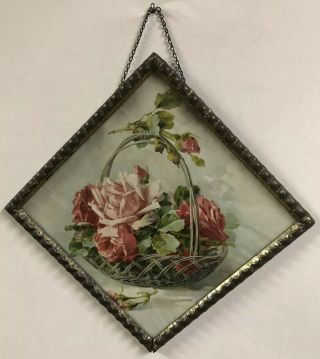 Antique Flue Cover Square Basket Of Roses Frame W/ Chain - Germany