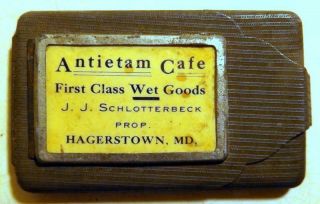 Antique Metal Match Safe Antietam Cafe Hagerstown,  Md,  Marked Germany C1910s