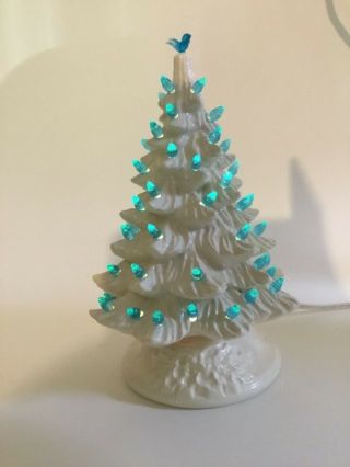 Vintage White Ceramic Holiday Christmas Tree With Lighted Base 10 " 2 Piece