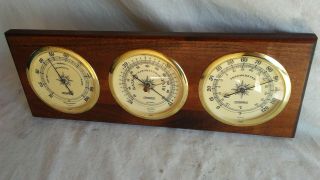 Springfield 3 Dial Wood Base Weather Station Humidity Barometer Thermometer