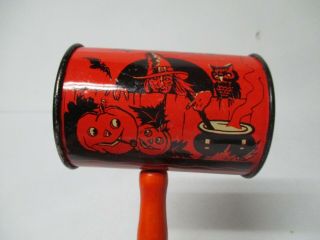Vintage Tin Halloween Noisemaker - Us Metal Toy Co Can Bell W Witch Graphics