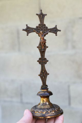 ⭐ Antique Religious Cross,  Crucifix On Base,  Bronze,  18 Th Century⭐